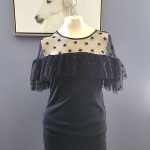 J Crew Sheer Black Tulle Star Top